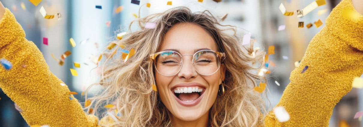 Titel Frau Brille Konfetti low